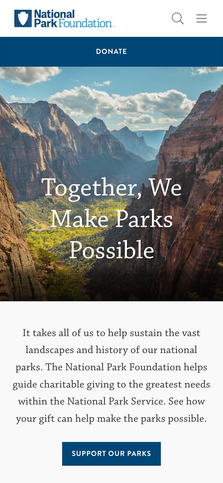 Mobile screenshot of the National Park Foundation home page. The header contains the National Park Foundation logo, a search button, and a menu button. A large 'Donate' button sits directly underneath the header. Under that is a heading with a background image of mountains. Then an introduction paragraph and a 'Support our parks' call-to-action button.